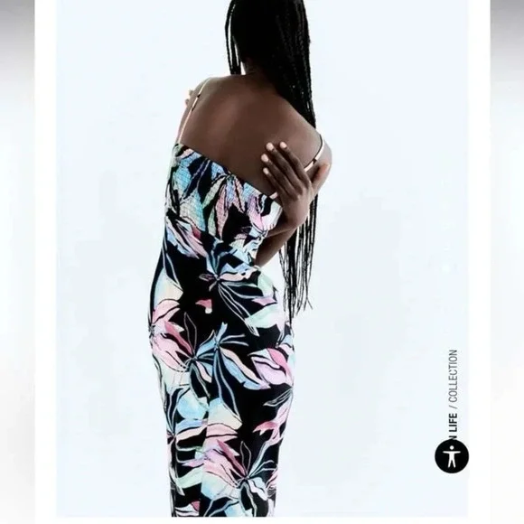 EUC Zara Linen Blend Tropical Print Corset Ruched Midi Dress Size Medium - Picture 6 of 17